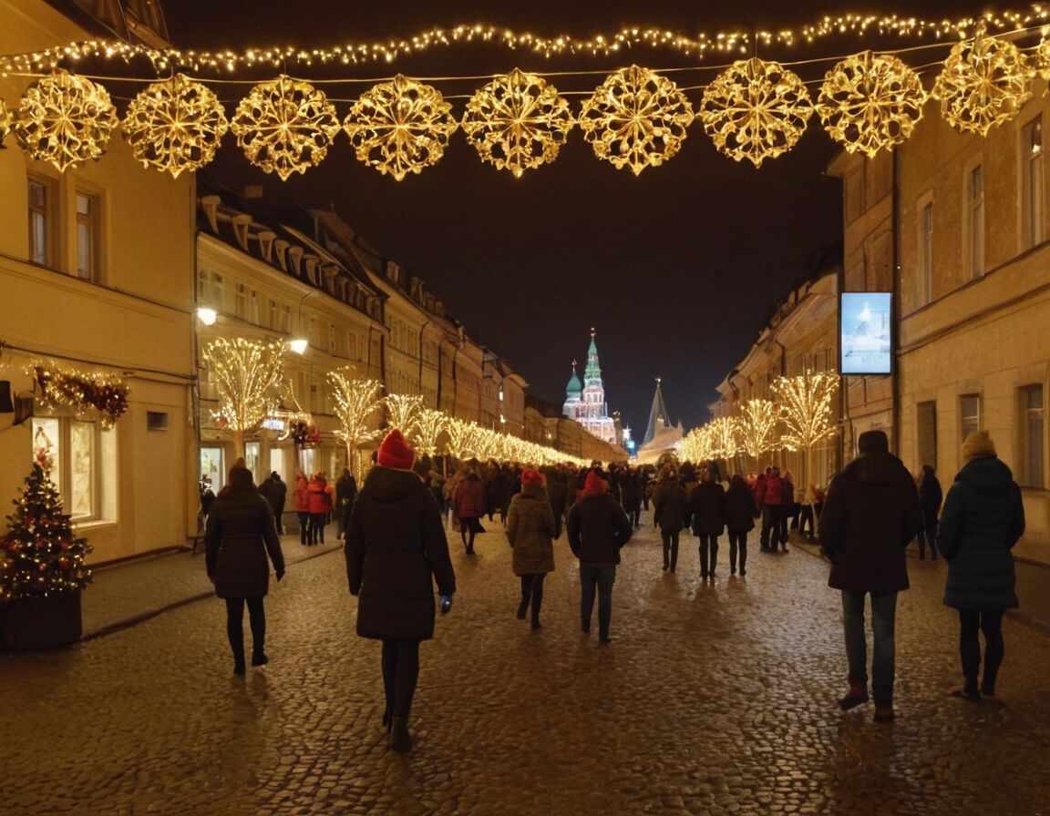 Festliche Dekorationen und Lichter in Russland und Deutschland - Feierlichkeiten und Traditionen: с наступающим новым годом in Russland und Deutschland