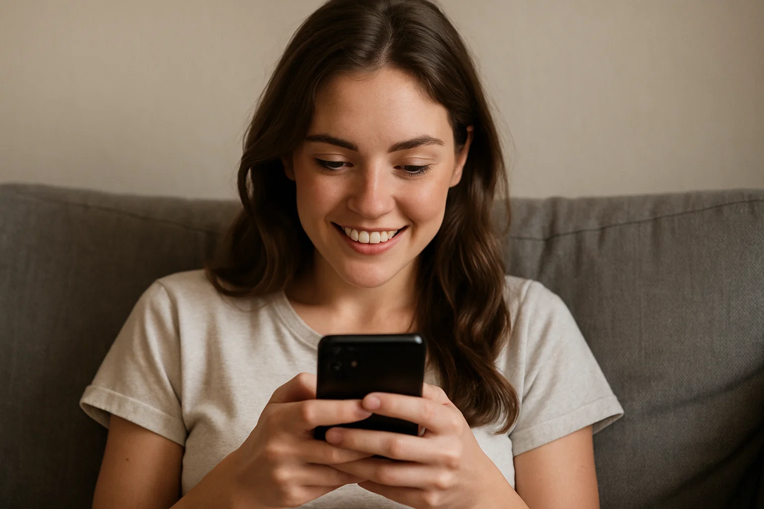Frau spielt mit eSIM-Handy online