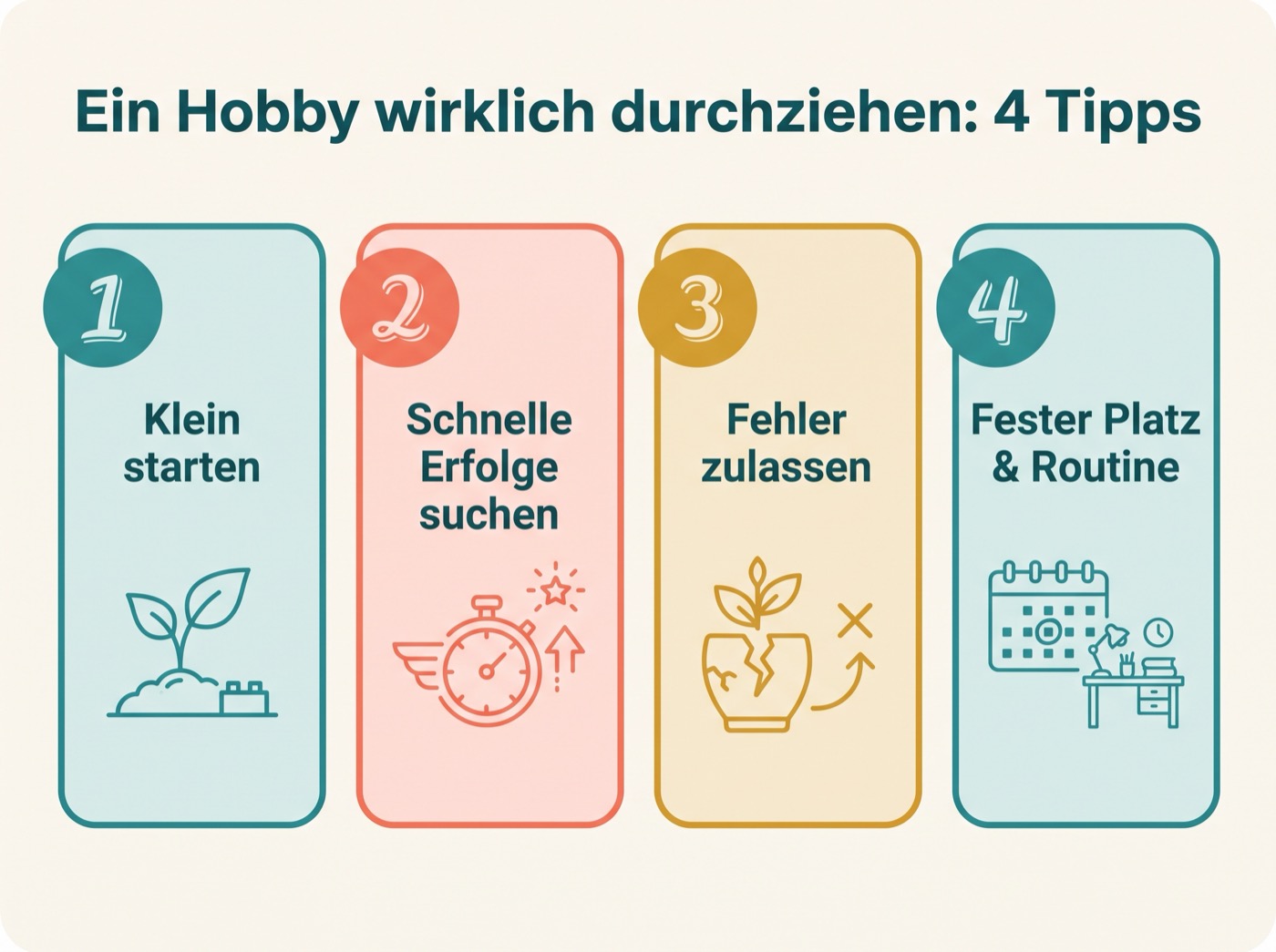 Infografik: vier Tipps, ein neues Hobby wirklich durchzuziehen